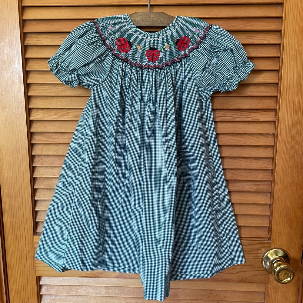 Rosalina Collections dark green gingham check smocked dress with ladybugs